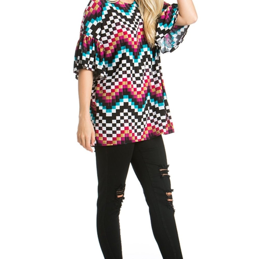 Azules Chevron Print Multi-Color Bell Sleeve Top Women Medium Square Hem